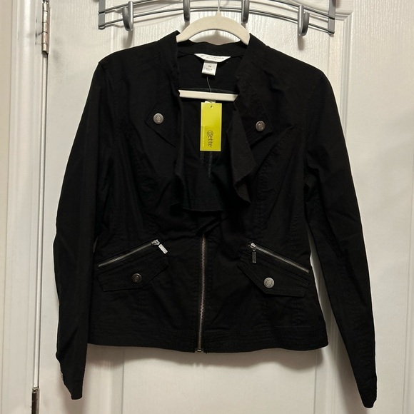 Christopher & Banks canvas jacket MP Black Ruffled Collar Size medium Petite NWT - Picture 1 of 16